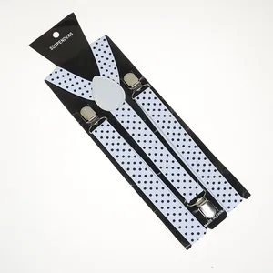Classic white suspenders with black polka dots featuring durable metal clips and leather joint
