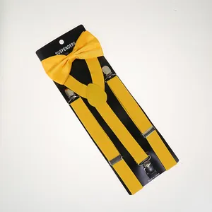 Detail of yellow Y-back suspenders and matching bowtie set with strong silver clips