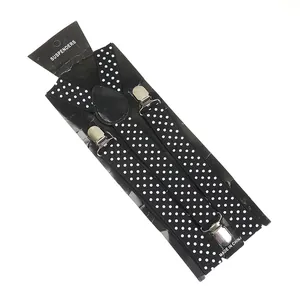Classic black and white polka dot elastic suspenders with three durable silver metal clips