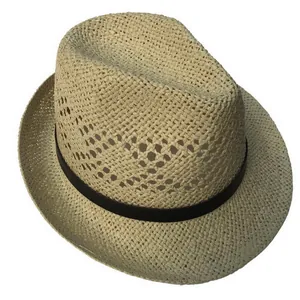 Classic straw fedora hat with hollow weave design and brown band for summer sun protection