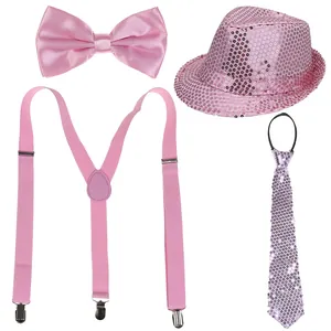 Pink sequin fedora hat, bowtie, Y-back suspenders and tie set for 1920s Gatsby party