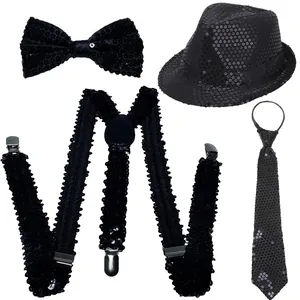 Men's 4-piece black sequin accessories set including fedora, suspenders, tie, and bowtie