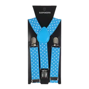 Detail of sky blue polka dot suspenders with durable elastic straps and silver metal clips