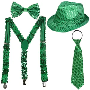 Green sequin party set with fedora hat, suspenders, bowtie, and tie for themed costumes