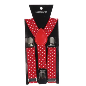 Detailed view of red polka dot suspenders with silver metal clips on a display card