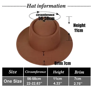 Size guide for brown flat top wool fedora hat with brim measurements and head circumference