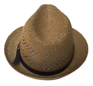 Close-up of hollow mesh weave texture on brown Fedora hat with black band and metal buckle