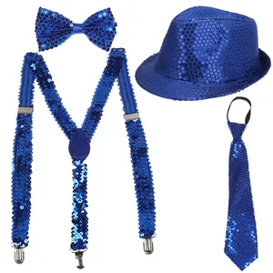 Detailed four-piece blue sequin accessory set with hat, suspenders, bowtie, and necktie