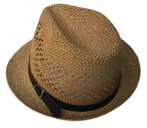 Close-up of woven straw fedora featuring a black leather band and silver buckle