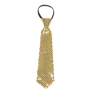 Detail view of a gold sequin necktie with black elastic strap for party costumes
