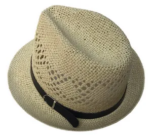 Detailed close-up of straw fedora hat featuring black leather band and silver metal buckle