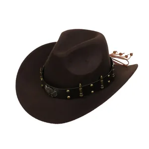 Detailed close-up of dark brown western cowboy hat with eagle emblem and metal studs