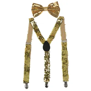 Detail view of gold sequin bowtie and matching Y-back suspenders with silver metal clips