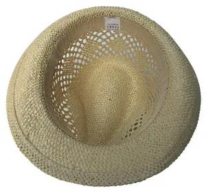 Internal view of straw jazz hat showing 100% paper material and woven texture detail