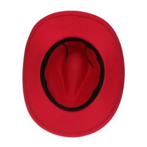 Top view of red wool fedora showing internal black sweatband and premium smooth texture