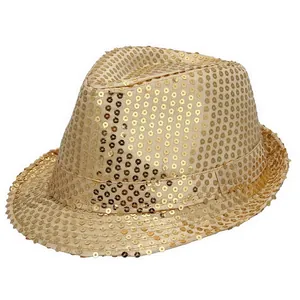 Detailed close-up of a gold sequin fedora hat for 1920s Gatsby theme parties and events