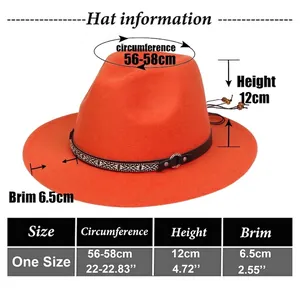 Orange wool jazz hat with ethnic braided chain and sizing chart for 56-58cm head size