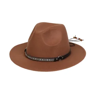 Detail of brown wool fedora with ethnic ribbon, leather belt and wooden bead charms