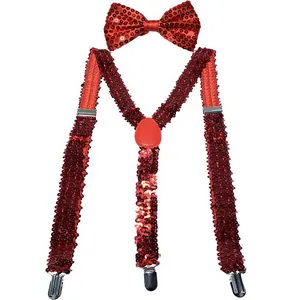 Detail of red sequined bow tie and Y-back suspenders with adjustable silver metal clips