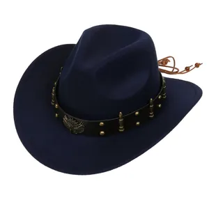 Close-up of navy wool felt cowboy hat featuring gold bullet accents and a metallic badge