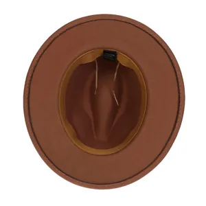 Detail of wool fedora interior showing 65% cotton blend label and adjustable sweatband