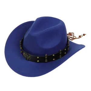 Detail of royal blue cowboy hat featuring leather band with gold studs and eagle emblem