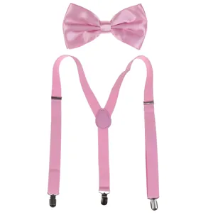 Pink satin bow tie and elastic Y-back suspenders set with durable metal clips
