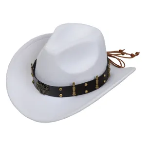 Close-up of white cowboy hat with leather band, metal bullet studs and eagle badge