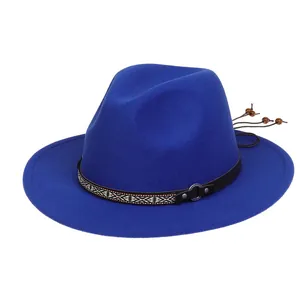 Detail of royal blue wool fedora hat with ethnic pattern strap and wooden bead accents