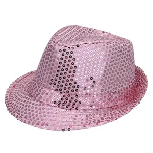Detailed view of pink sequined fedora hat for 1920s Gatsby theme parties and stage shows