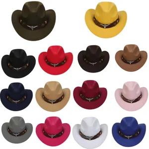 Δυτικό Καπέλο Cowboy για Άνδρες Γυναίκες Πολυεστέρας Τσόχα Φεντόρα Με Μεταλλική Κεφαλή Ταύρου Δερμάτινη Ζώνη Βίντατζ Στυλ Outback Καπέλο Τζαζ