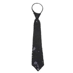 Close-up of black sequined tie with elastic neck strap for 1920s Gatsby theme parties