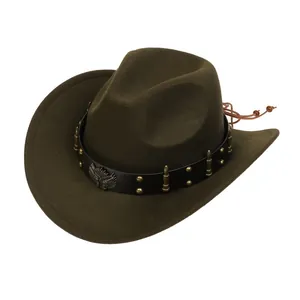 Detail of olive green cowboy hat featuring eagle metal badge and studded leather band