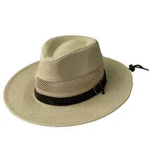 Breathable beige straw fedora sun hat with mesh side panels and adjustable chin strap