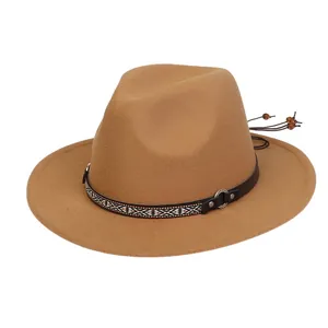 Khaki wool fedora with ethnic geometric band and woven cord with wooden beads details