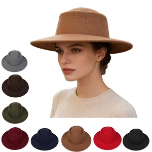 Women Elegant Polyester Felt Fedora Hat Vintage Flat Top Wide Brim Boater Hat Autumn Winter Warm Sun Cap For Travel Party