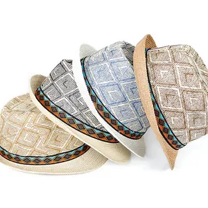 Men's vintage woven straw jazz hats with ethnic style bands in four different colors