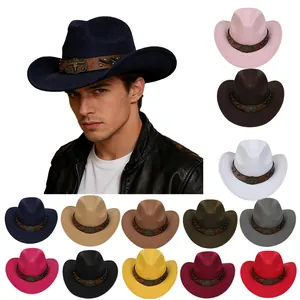 Cappello da Cowboy Occidentale Retrò per Uomo Donna Feltro Poliestere Tesa Larga Fedora Con Fibbia Testa di Toro Fascia in Pelle
