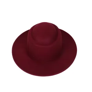 Elegant wine red wool felt flat top hat for women with structured crown for winter