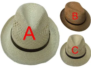 Detail of woven straw fedora hats with faux leather bands in three stylish colors