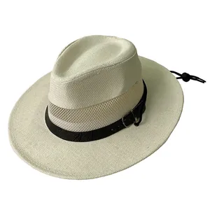 Classic cream straw sun hat with breathable mesh crown and black leather trim for outdoors