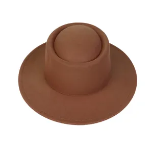 Classic mocha brown flat top felt boater hat with wide brim for women winter style