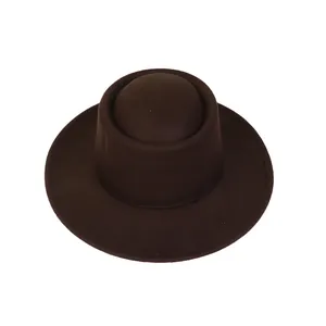 Minimalist dark brown wool felt fedora hat with a flat brim and round crown for women
