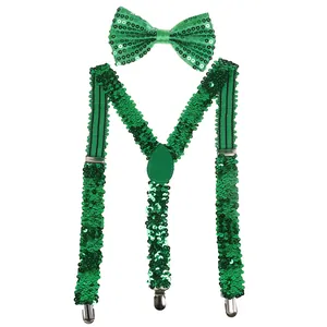 Detail of green sequin bowtie and Y-shape suspenders for party costume accessory