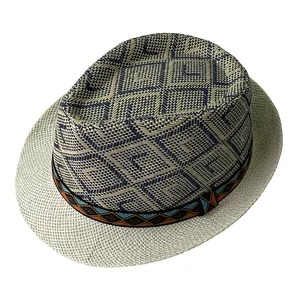 Men's retro straw fedora with ethnic blue diamond pattern and colorful woven band