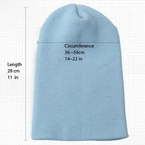 Size specifications of light blue knitted beanie with 28cm length and flexible circumference