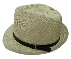 Close-up of woven straw fedora hat with brown leather belt and silver buckle detail