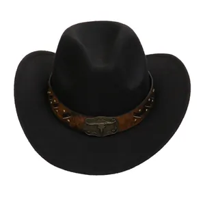 Cappello da cowboy nero stile western con fascia in pelle e fibbia a testa di toro