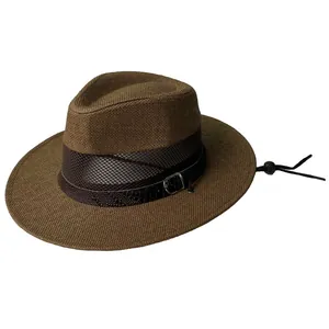 Dark brown wide brim straw sun hat with mesh ventilation and adjustable wind rope
