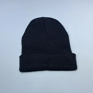 Detailed knit texture of a black cuffed beanie hat for winter warmth and fashion